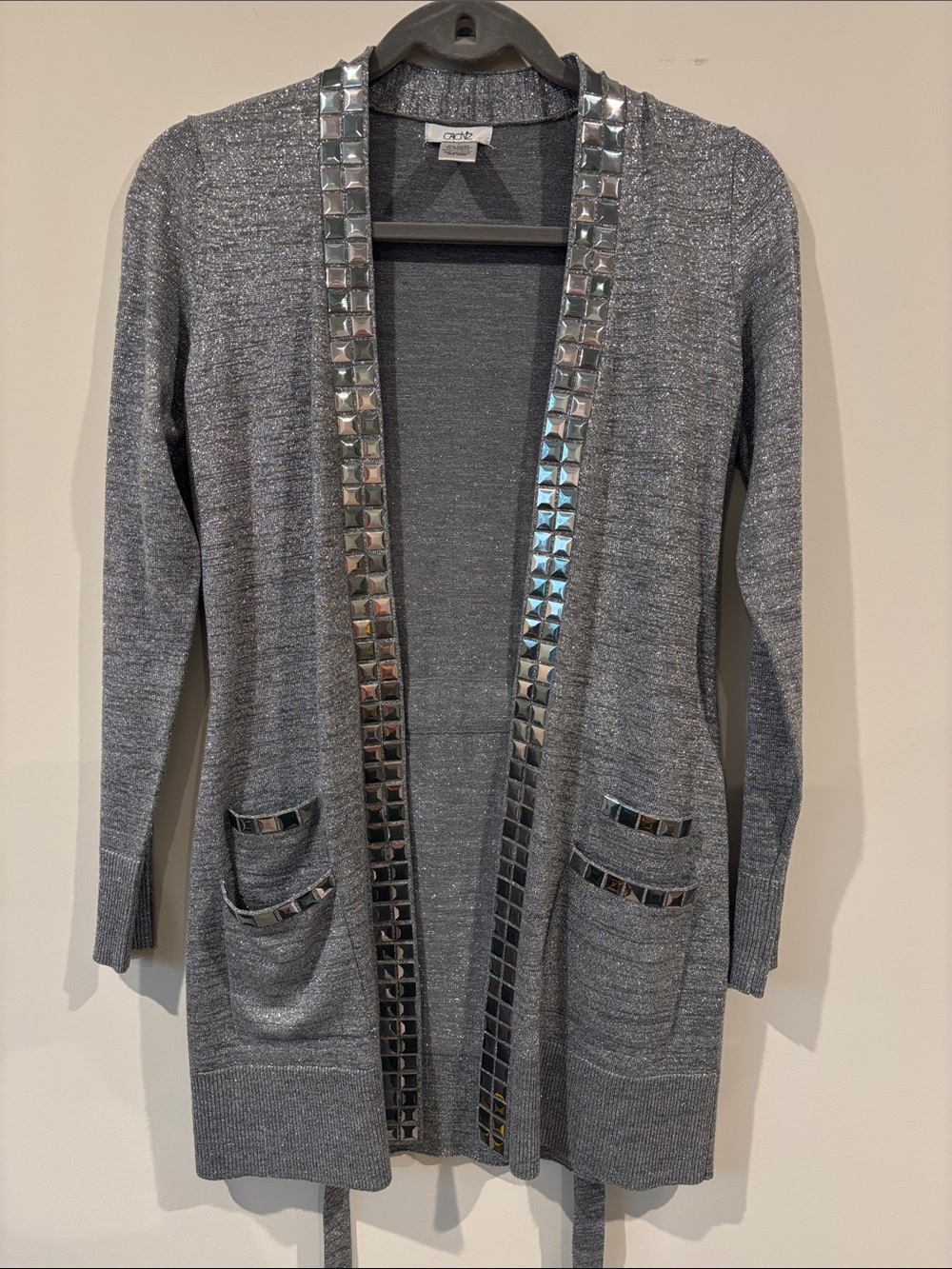 Cache Vintage Silver Metallic Open-Front Cardigan with Studded Trim